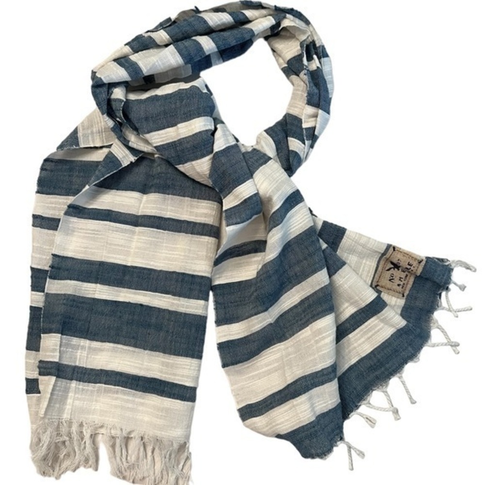AEO Lightweight Textured Blue & White 100% Cotton Striped Scarf w/ Fringe